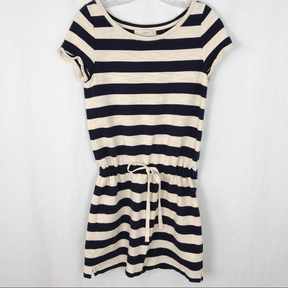 LOFT navy striped dress with drawstring waist - Picture 3 of 8